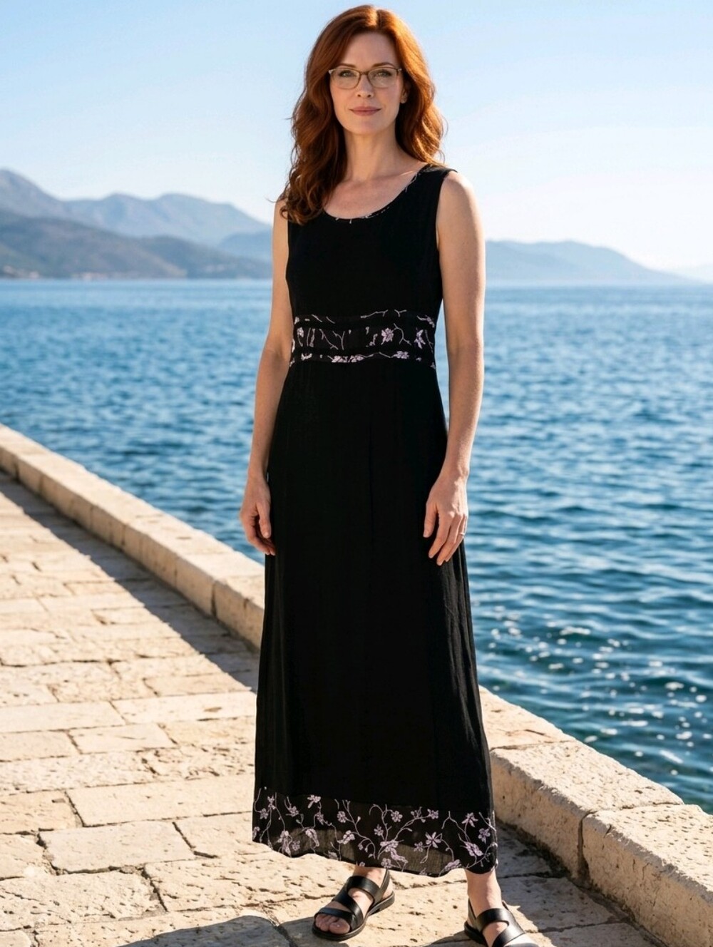 Dressing Clio Black Sleeveless Maxi Dress with Floral Trim. Back Tie. Size Med